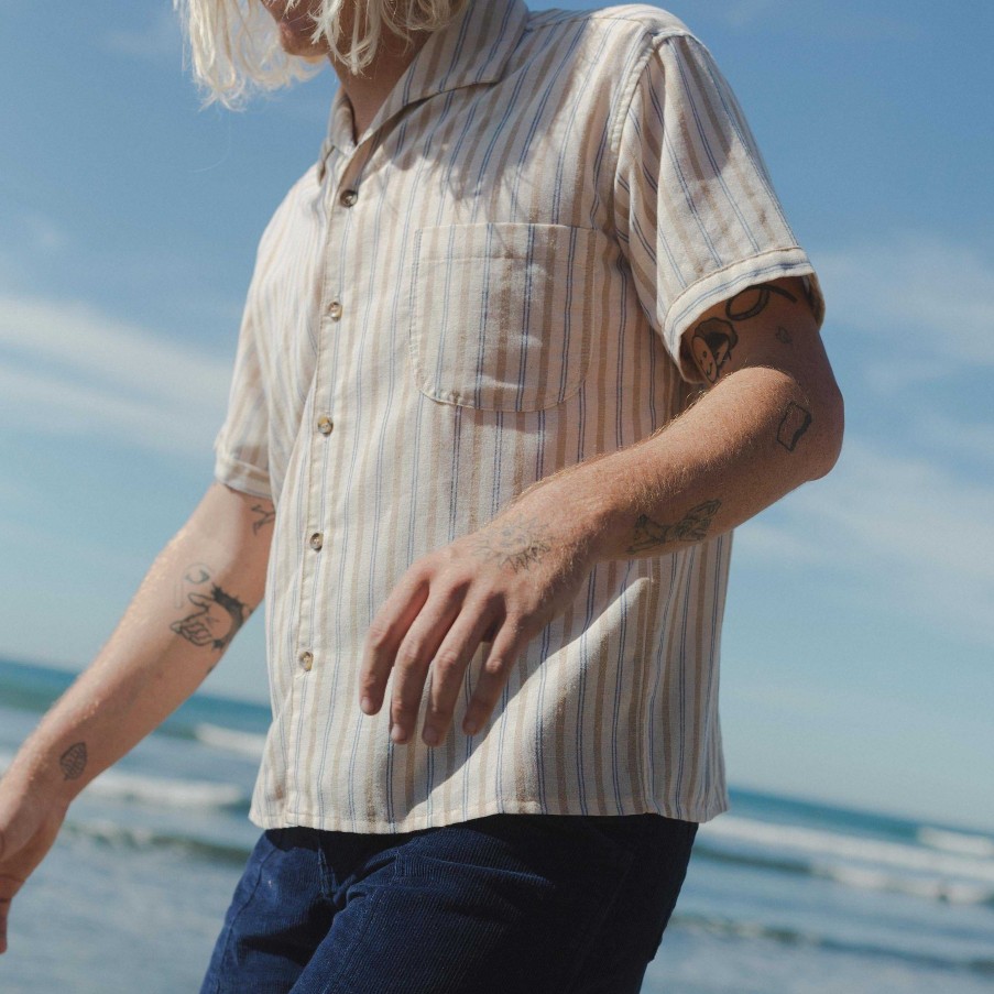 Apparel Daydream Surf Shop Tops | Daydream Cove Shirt - Cream & Tan Stripe